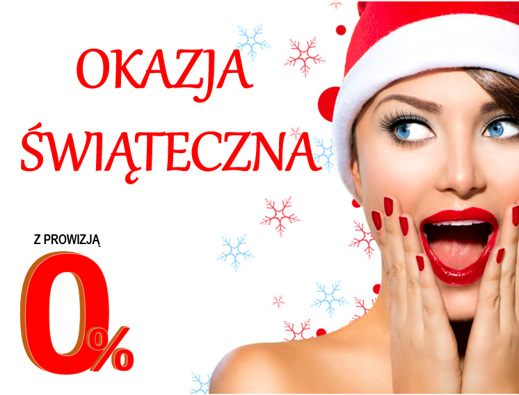 PANI Z CZERWONYMI USTAMI I CZAPKĄ MIKOŁAJA OBOK NAPIS OKAZJA ŚWIĄTECZNA Z PROWIZJĄ ZERO PROCENT